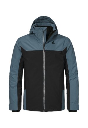 Kapuzenshirt mit einem Farbblockdesign in Dunkelblau und Schwarz. Wasserdichtes Material mit einem durchgehenden Reißverschluss und elastischen Bündchen.