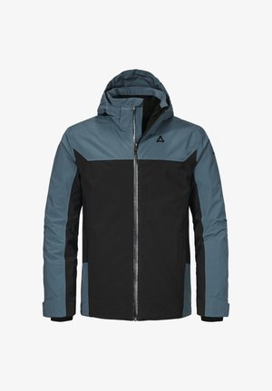 Kapuzenshirt mit einem Farbblockdesign in Dunkelblau und Schwarz. Wasserdichtes Material mit einem durchgehenden Reißverschluss und elastischen Bündchen.