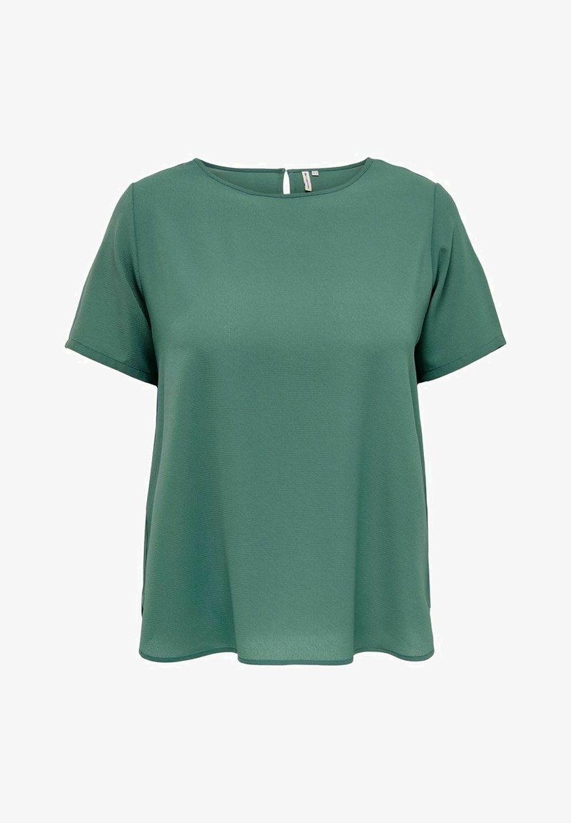 Blouse verte à manches courtes, coupe ample, col rond et fermeture par bouton trou de serrure dans le dos.