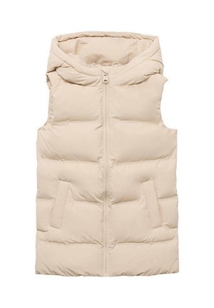 Beige gepolsterte Weste mit Kapuze, Frontreißverschluss und zwei Seiten Taschen. Glatte Textur mit durchgehenden Steppdetails.