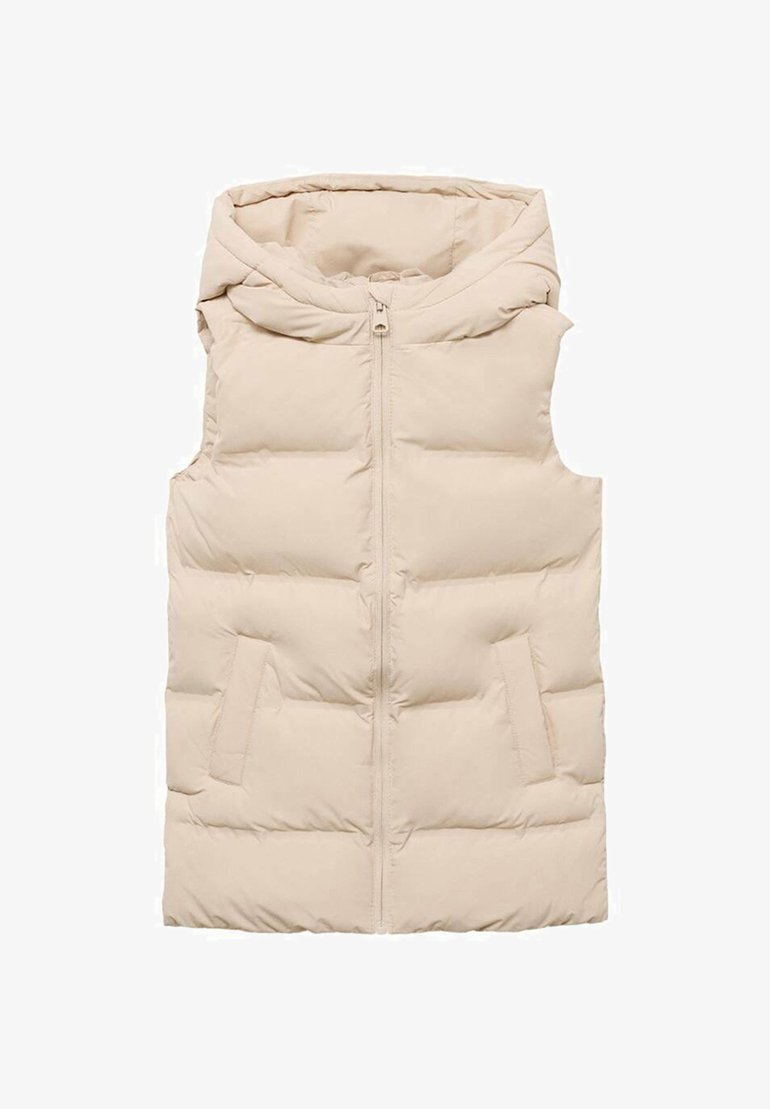 Beige gepolsterte Weste mit Kapuze, Frontreißverschluss und zwei Seiten Taschen. Glatte Textur mit durchgehenden Steppdetails.