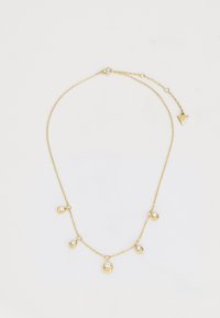 Gouden halsketting met vijf ronde hangers, elk met een centrale heldere kristal. De ketting is delicaat en heeft een karabijnsluiting.