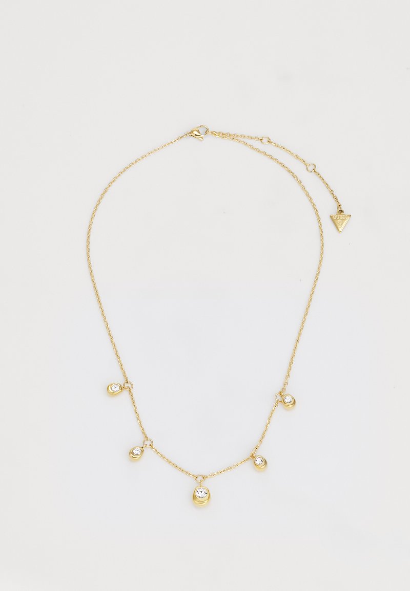 Gouden halsketting met vijf ronde hangers, elk met een centrale heldere kristal. De ketting is delicaat en heeft een karabijnsluiting.
