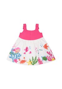 Vestido de algodón colorido con un cuerpo rosa y falda blanca. Presenta estampados de temática acuática, incluidos peces, cangrejos y corales. Tirantes ajustables.