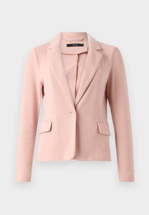 Light pink blazer made of textured fabric. Features a notched collar, single button closure, and two front pockets.