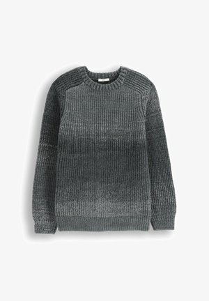 Szary sweter z dzianiny o prążkowanej strukturze, okrągłym dekolcie i długich rękawach. Stopniowa zmiana kolorów od ciemnoszarego do jasnoszarego.