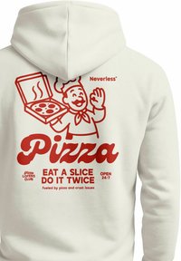 Chef holding a steaming pizza box with text "Pizza," "Eat a slice do it twice," and "Open 24/7" on a cream hoodie back.