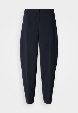 Jūras zila šauras bikses ar vidukli vidējā augstumā un sānu kabatām, ar smalkām šuvju detaļām gar kājām.