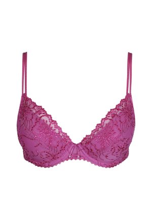 Reggiseno rosa in pizzo con ricamo floreale, spalline regolabili e coppe morbide. I bordi smerlati e i dettagli decorativi valorizzano il design.