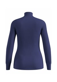Navy long-sleeve top with a high collar, made of smooth, stretchy fabric. Features fitted design and ribbed cuffs. Clean, minimalist style.