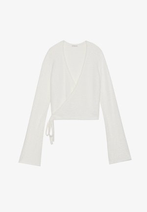 White fuzzy wrap sweater with long wide sleeves and a side tie at the waist, displayed on a plain background.