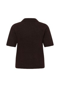 Pull en maille marron foncé à manches courtes vu de dos, col et ourlet côtelés, design uni sans détails visibles.