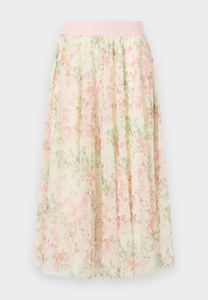 Jupe longue et fluide avec imprimé floral pastel et ceinture élastique rose clair.