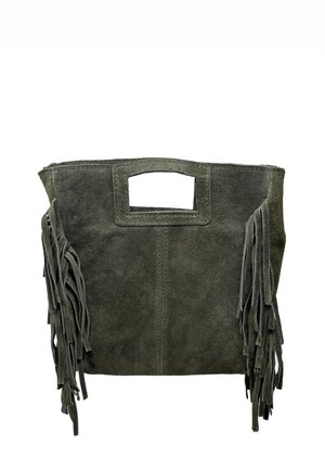 Zamszowa torba na ramię w ciemnozielonym kolorze z bocznymi frędzlami, prostokątnym wycięciem na uchwyt i minimalistycznym designem. Teksturowana powierzchnia i czyste linie.