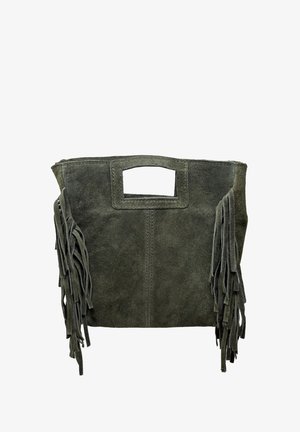 Suède draagtas in donkergroen met zijtassels, een rechthoekig uitgesneden handvat en een minimalistisch ontwerp. Gestructureerd oppervlak en strakke lijnen.