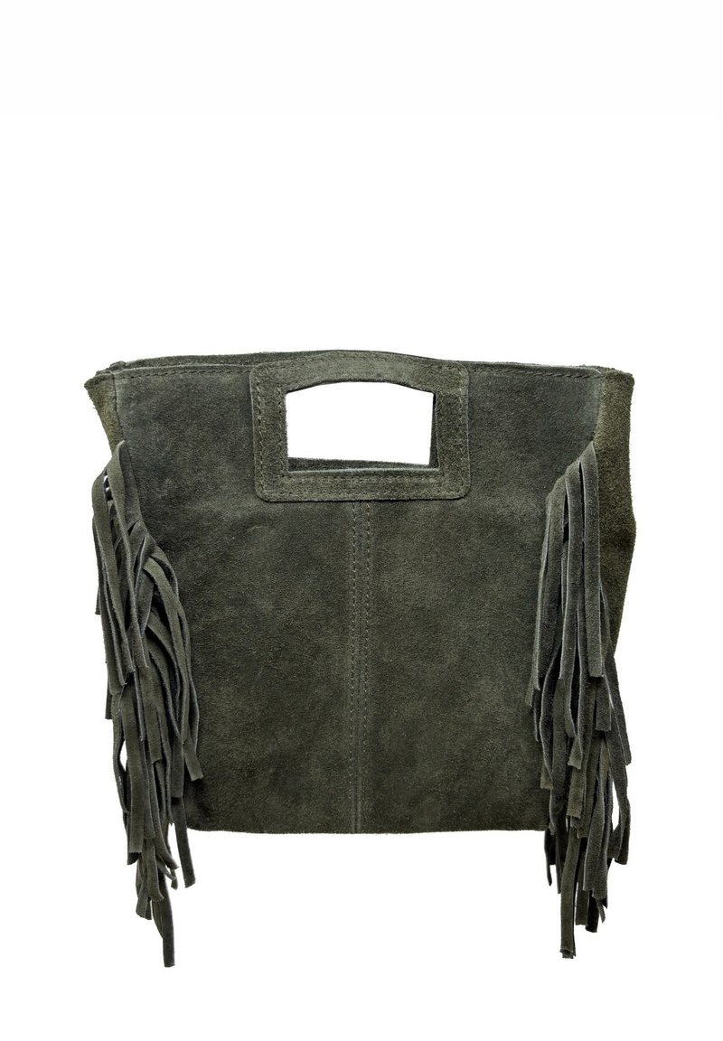 Zamszowa torba na ramię w ciemnozielonym kolorze z bocznymi frędzlami, prostokątnym wycięciem na uchwyt i minimalistycznym designem. Teksturowana powierzchnia i czyste linie.