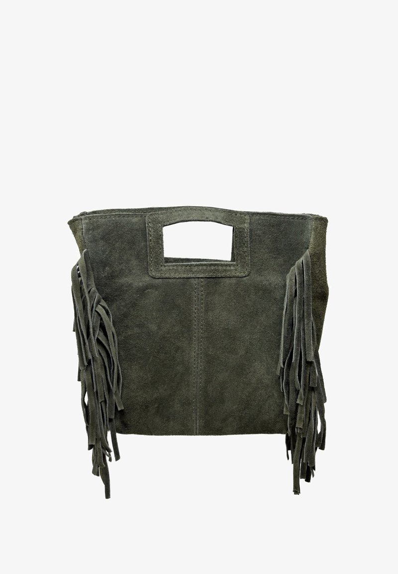Zamszowa torba na ramię w ciemnozielonym kolorze z bocznymi frędzlami, prostokątnym wycięciem na uchwyt i minimalistycznym designem. Teksturowana powierzchnia i czyste linie.