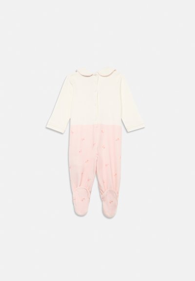 Hvit bomulls baby romper med lange ermer, rosa bunn, med små blomsterbroderier og bølgekantede krage. Trykknapper foran.