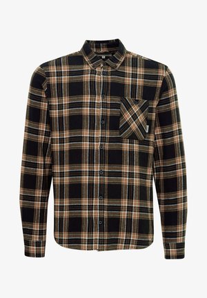 Fekete és barna kockás, hosszú ujjú ing, gombos gallérral, bal oldalon zsebbel és texturált anyaggal.