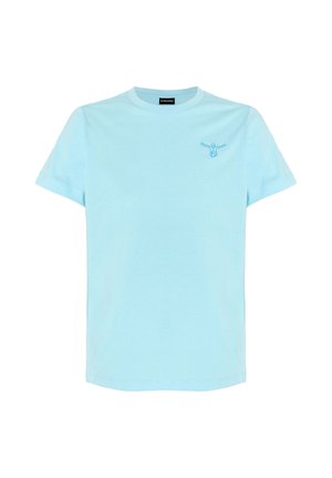 Hellblaues kurzärmeliges T-Shirt mit Rundhalsausschnitt und kleinem dunkelblau besticktem Taucherlogo auf der oberen linken Brust.