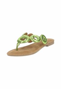 Sandales métalliques vertes au design minimaliste, ornées d'accents en chaîne circulaire. Semelle intérieure douce couleur tan et semelle plate pour un confort optimal.