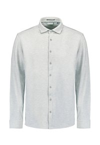Helles graues Langarmshirt aus weichem Stoff, mit Knopfleiste, spitzem Kragen und geknöpften Ärmelbündchen.