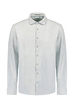 Lichtgrijs lange mouwen shirt van zachte stof, met een knoopsluiting aan de voorkant, een geschenkde kraag en manchetten.