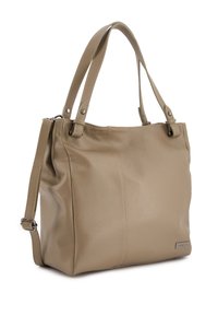 Beige Leder-Shopper mit zwei Griffen und einem verstellbaren Schultergurt. Glatte Textur mit Nahtdetails und einer dezenten Logo-Plakette.