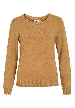 Senfgelbes Sweatshirt, weicher Strickstoff, Rundhalsausschnitt, lange Ärmel, gerippter Saum und Bündchen, leichtes Design ohne Muster oder Akzente.