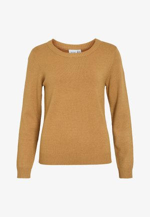 Horčicovožltý sveter, mäkká pletená tkanina, kruhový výstrih, dlhé rukávy, rebrovaný lem a manžety, ľahký dizajn bez vzorov alebo akcentov.