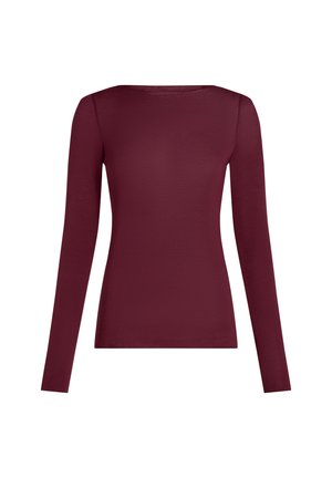 Bordeaux lange mouwen top, gemaakt van een gladde stof, met een bootnek ontwerp en een slim fit dat de silhouet accentueert.