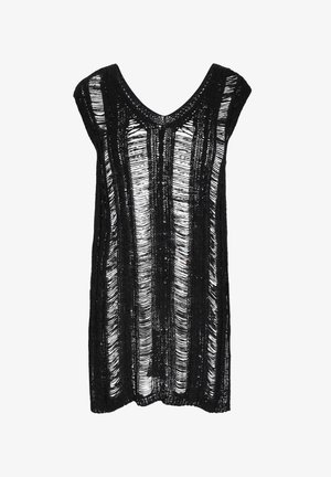 Czarna dzianinowa sukienka z pionowym wzorem w paski, dekoltem w kształcie V, krótkimi rękawami i otwartą strukturą, która zapewnia luźny i przewiewny fason.