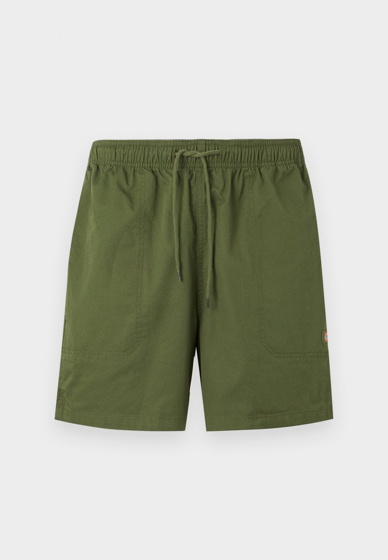Olivgrüne Shorts mit elastischem Bund und vorderem Kordelzug, mit zwei großen Fronttaschen und einem kleinen Logo auf dem rechten Oberschenkel.