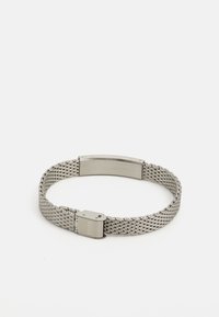 Hõbe metallvõrgust käevõru, millel on sile, lame lukk ja elegantne disain. Tekstuuriga riba kaasaegse välimusega ja reguleeritava sobivusega.