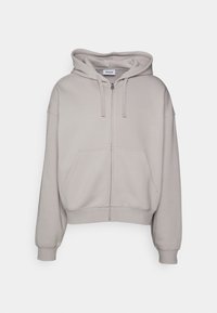 Sweat à capuche gris clair avec fermeture éclair, poches avant, capuche à cordon de serrage, poignets et ourlet côtelés, étiquette "WEEKDAY" à l'intérieur du col.
