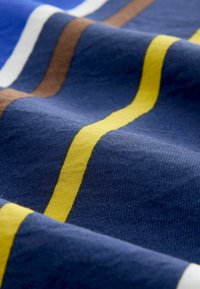 Puuvillane kanga, millel on julged horisontaalsed triibud meresinise, kollase, pruuni ja valge värviga. Tekstuur näib sujuv ja kerge läikega.