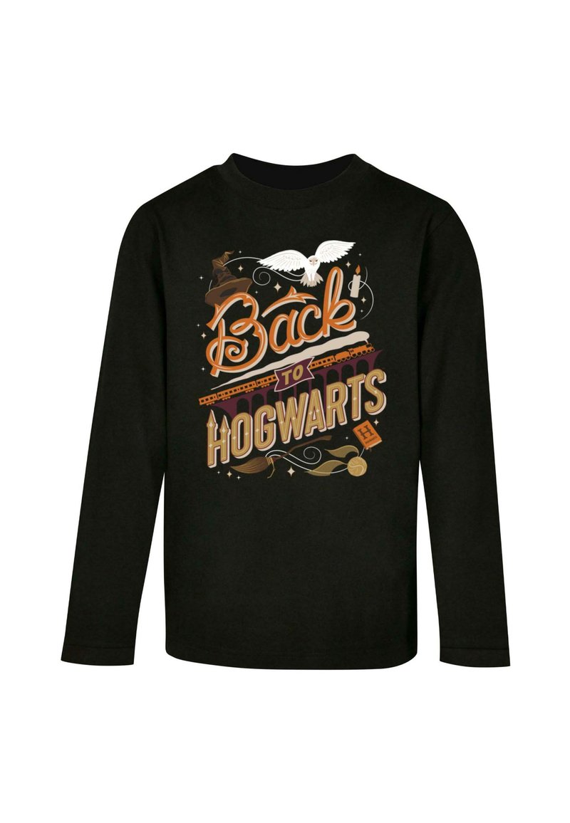 Black long-sleeve shirt featuring colorful "Back to Hogwarts" graphic with an owl, train, and varying designs, on soft cotton material.