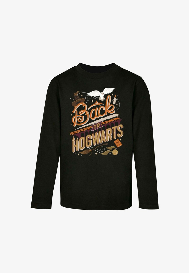 Schwarzes Langarmshirt mit buntem "Back to Hogwarts"-Grafik, die eine Eule, einen Zug und verschiedene Designs zeigt, aus weichem Baumwollmaterial.
