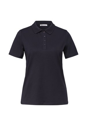 Polo nera maniche corte con colletto appuntito e quattro bottoni sulla patta, mostrata su sfondo bianco.