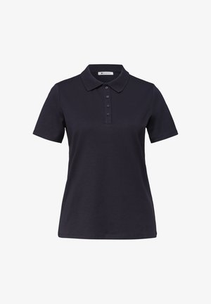 Schwarzes kurzärmeliges Poloshirt mit spitzem Kragen und vier Knöpfen auf der Knopfleiste, dargestellt auf weißem Hintergrund.