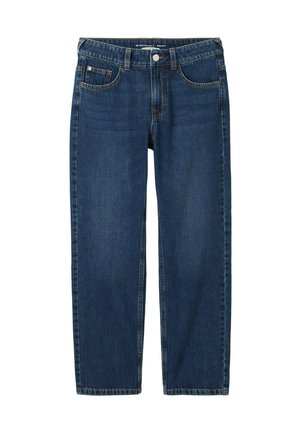 Jeansy z ciemnoniebieskiego denimu o prostych nogawkach, z pięcioma kieszeniami, zapięciem na guziki i szlufkami na pasek.