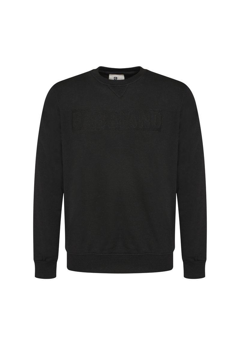Zwarte sweatshirt met lange mouwen, ronde hals en een geborduurd, textuur-logo op de voorkant. Zachte stof en geribbelde manchetten.