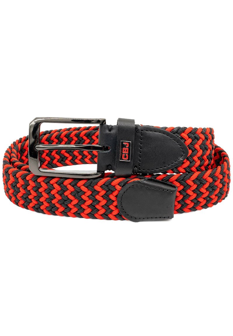 Cintura intrecciata in elastico nero e rosso con estremità e fibbia in pelle nera. Presenta una fibbia metallica rettangolare per una chiusura sicura.