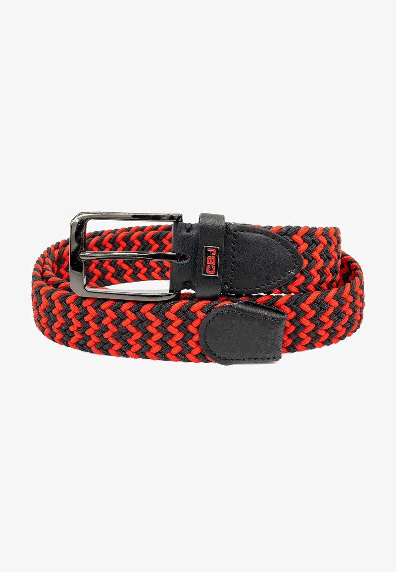 Cintura intrecciata in elastico nero e rosso con estremità e fibbia in pelle nera. Presenta una fibbia metallica rettangolare per una chiusura sicura.
