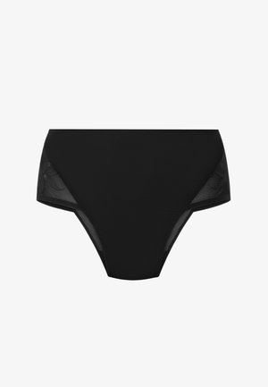 Black high-waisted briefs with sheer lace paneling on sides, smooth fabric, and a classic cut. Features a soft, breathable texture.