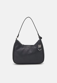 Black handbag with a smooth, textured finish. Features a curved shape, a zippered top, and a short strap. Includes a logo tag.