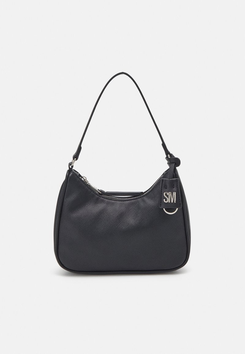 Black handbag with a smooth, textured finish. Features a curved shape, a zippered top, and a short strap. Includes a logo tag.
