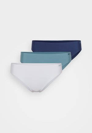 Three pairs of women's underwear: white, teal, and navy. Smooth fabric with a wide waistband, minimalistic design, and no visible patterns.