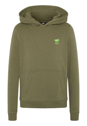 Olivgrüner Hoodie mit vorderer Kängurutasche und kleinem neongrünem Polo-Logo auf der linken Brust.