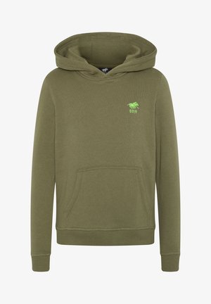 Oliwkowa bluza z kapturem z przednią kieszenią kangurka oraz małym neonowo zielonym logo Polo na lewej piersi.